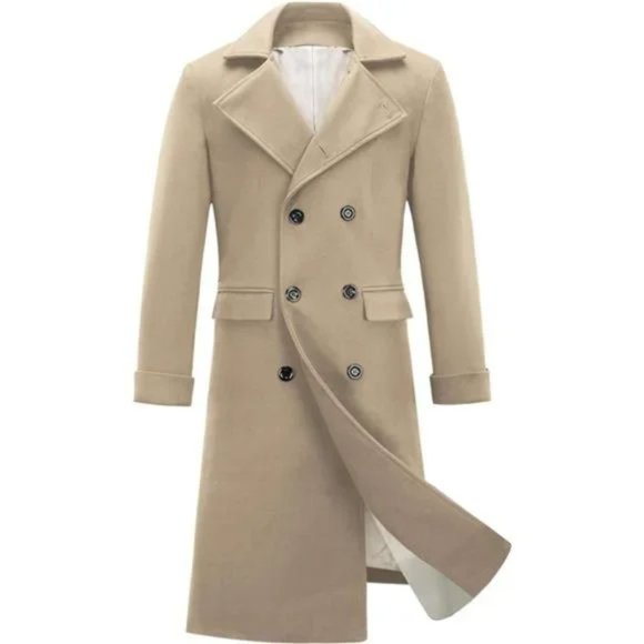 Men's Long Trench Coat Double Breasted Beige